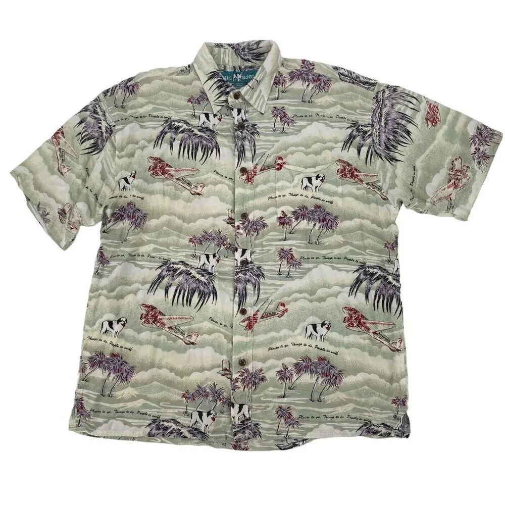 Big Dogs Hawaiian Shirt Mens Large Button Up Tropical Palm Trees Vintage USA